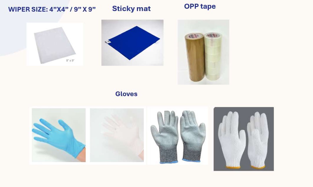 วัสดุสิ้นเปลือง Cleanroom — Wiper, Sticky mat, OPP tape, ถุงมือ